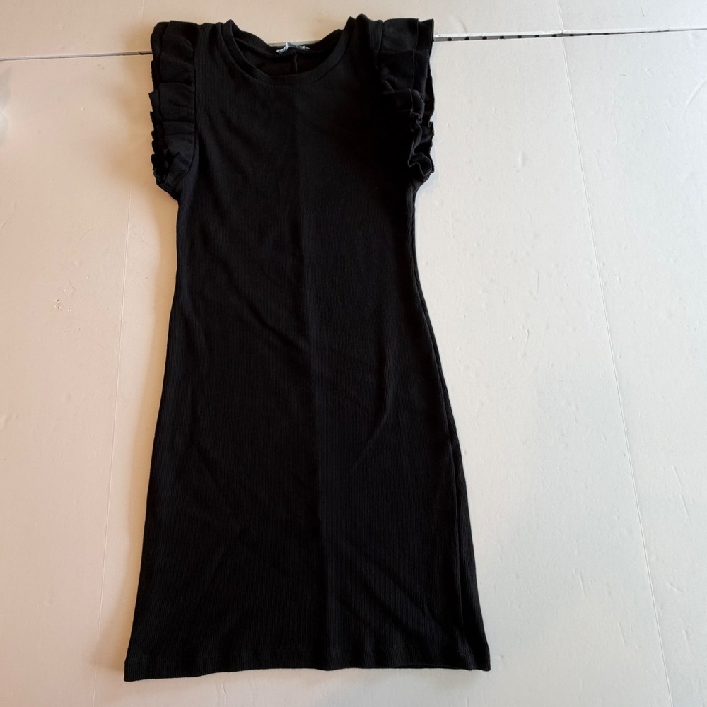 Zara Black Ribbed Knit Ruffle Sleeve Mini Dress Womens Crew Neck M